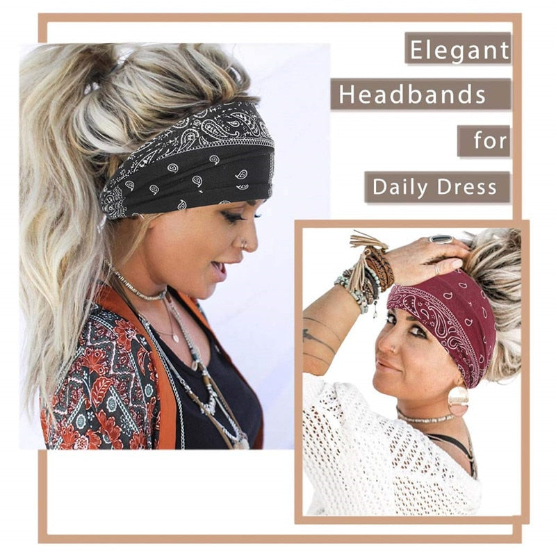 New Boho Flower Print Wide Headbands Vintage Knot Elastic Turban Headwrap for Women Girls Cotton Soft Bandana Hair Accessories